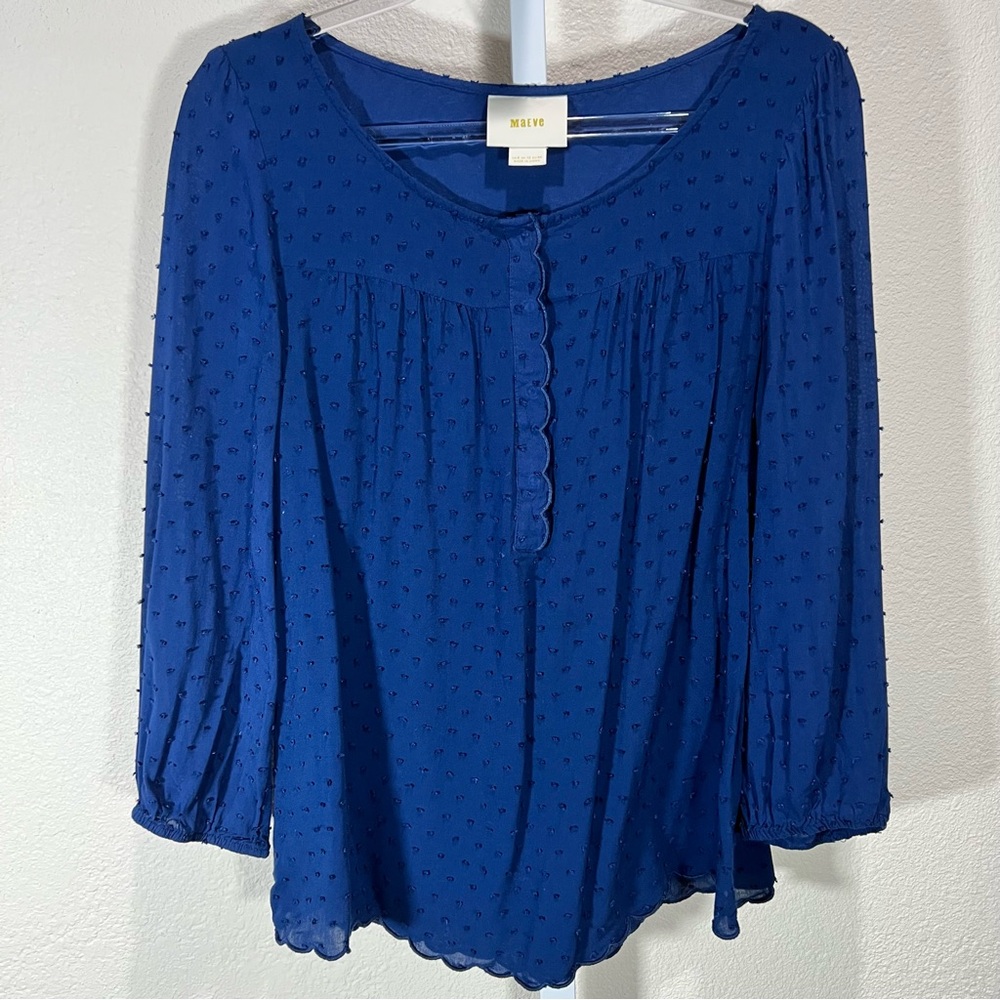 Maeve Navy Blue Lightweight Peasant Top Women's Sz 8 Scallop Hem Modest